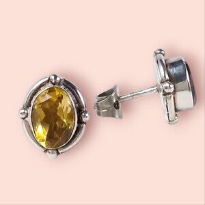 Vintage 925 Sterling Silver Earrings Citrine Post Stud November Birthstone